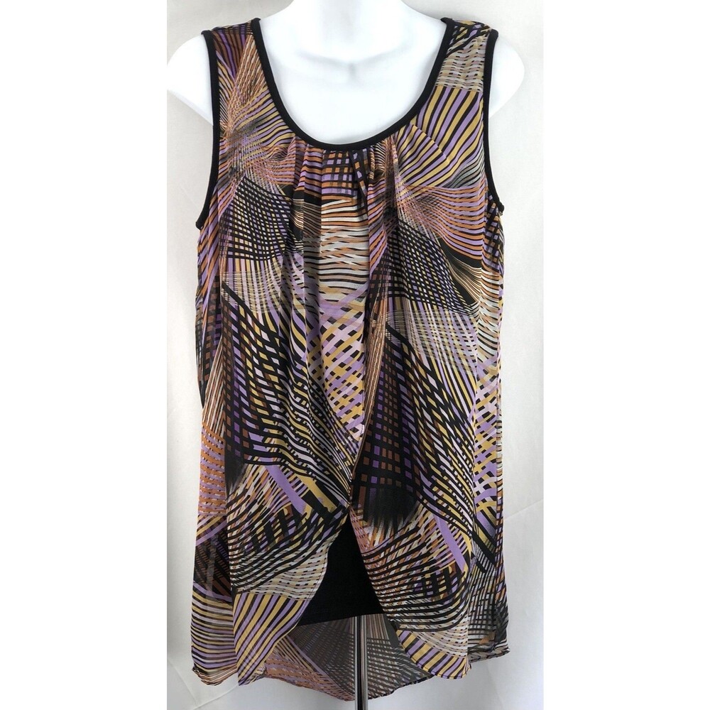 Sleeveless Tank top S Purple Blk Psychedelic Chiffon Split Front retro flowy